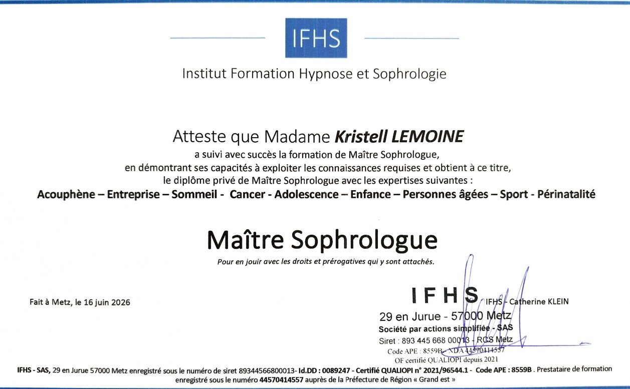 Diplôme de maître sophrologue KLSophrologie, maître sophrologue à Courcelles-Chaussy (Moselle)
