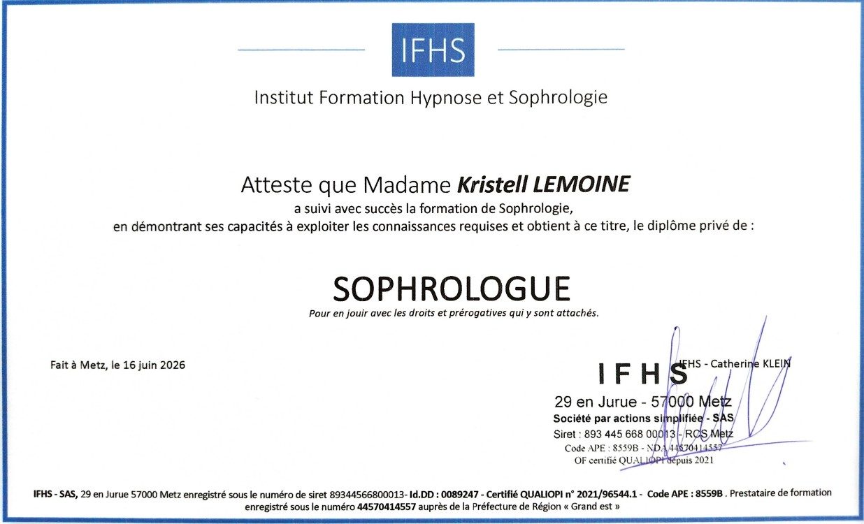 Diplôme de sophrologue KLSophrologie, sophrologue à Courcelles-Chaussy (Moselle)